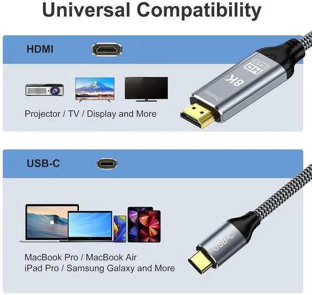Alt view image 7 of 7 - 8K USB C to HDMI 2.1 Cable 10Ft 48Gbps USB Type-C to HDMI Braided Cord (8K@60Hz 4K@120Hz) Compatible with Thunderbolt 4/3 for iPhone 15/15Promax MacBook Air iPad XPS 17
