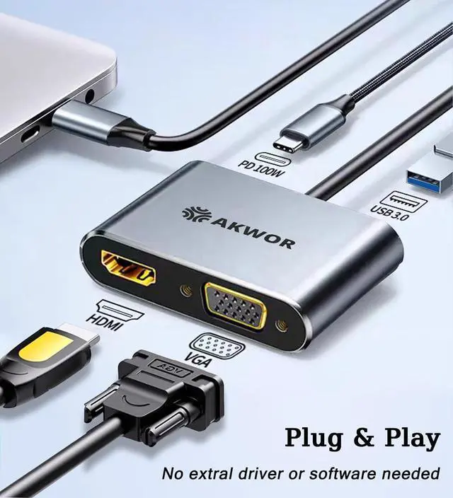 Alt view image 2 of 7 - USB C to HDMI VGA Adapter for Dual Monitor 4 in 1 USB C Hub with 4K HDMI 1080P VGA USB 3.0 5Gbps 100W PD Laptop Docking Station Compatible for MacBook Air/Pro  XPS Surface iMac More