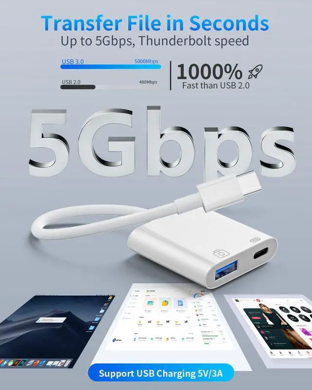 Alt view image 4 of 7 - USB C to USB Adapter Thunderbolt 3 to USB 3.0 OTG Adapter with 30W PD Fast Charging Port for MacBook Pro/Air iPhone 16 Pro Max/16 Plus/16e/15  Galaxy S25/S24/S23 iPad Pixel Chromebook