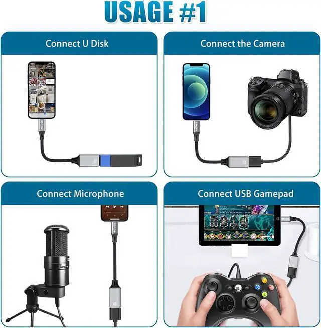 Alt view image 2 of 7 - 4 inch Lightning to USB Female Camera Adapter OTG Cable for iPhone iPad to Connect Card Reader USB Flash Drive MIDI Keyboard Mouse Hubs Plug & Play Dark Gray