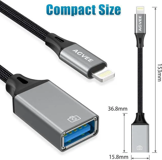 Alt view image 7 of 7 - 4 inch Lightning to USB Female Camera Adapter OTG Cable for iPhone iPad to Connect Card Reader USB Flash Drive MIDI Keyboard Mouse Hubs Plug & Play Dark Gray