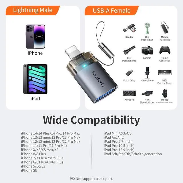 Alt view image 7 of 7 - Mcdodo USB to Lightning OTG Adapter USB Female to Lightning Male Converter Support Camera Card Reader Mouse Keyboard Hubs Piano Converter Connect U Disk Compatible iPhone 14 13 12 11 iPad Air Pro Mini