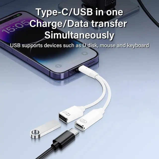 Alt view image 2 of 7 - USB C to USB OTG Adapter 1 in 2 Splitter USB C Male to USB A Female with 100W PD Charging Cable Type C OTG Female for Smartphone Tablet Laptop etc