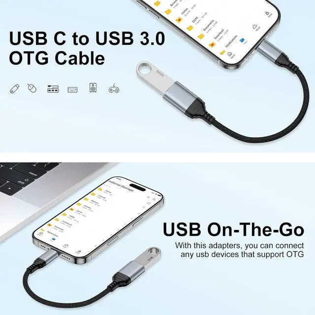 Alt view image 3 of 7 - USB C to USB Adapter for iPhone 16 Pro Max 16 Plus 16e 15  Galaxy S25 S24 2 Pack USB 3.0 OTG Cable Converter Type C Male to USB A Female Camera Adapter for Card Reader Flash Drive MIDI Keyboard