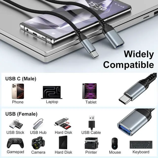 Alt view image 6 of 7 - USB C to USB Adapter for iPhone 16 Pro Max 16 Plus 16e 15  Galaxy S25 S24 2 Pack USB 3.0 OTG Cable Converter Type C Male to USB A Female Camera Adapter for Card Reader Flash Drive MIDI Keyboard