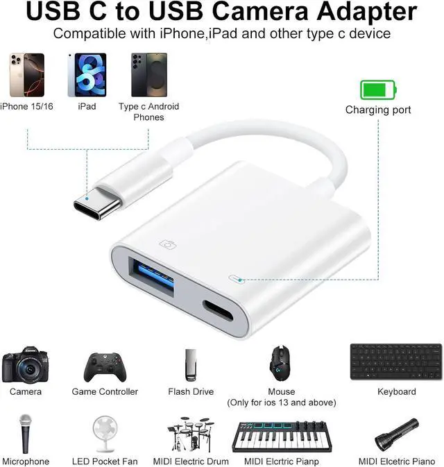 Alt view image 5 of 7 - USB to USB C Camera Adapter with Charging Port for  Galaxy Z Fold 7 Z Flip 7 S25 Ultra USB Female OTG Adapter for Android iPhone 16e 16 15 MacBook Pro Air Support Card Reader/Flash Drive/Mouse