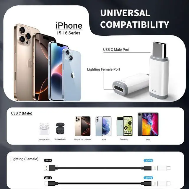 Alt view image 3 of 7 - Lightning to USB C Adapter-Lightning Female to Type C Male Phone Charge Converter Charging Adapter for iPhone 15/16 Pro/16 Pro Max/Plus  S24 iPad Air Fast Charging&Data Transfer -NO Audio