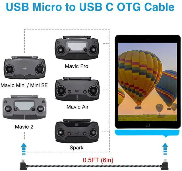 Alt view image 3 of 7 - 0.5FT Micro to USB C Remote Controller Cable for iPhone 15 Pro/16 DJI Mavic Mini Mini SE 2 Pro/Zoom Air/Pro Spark Drone to Tablet OTG Data Cord Accessories (USB C Connector)
