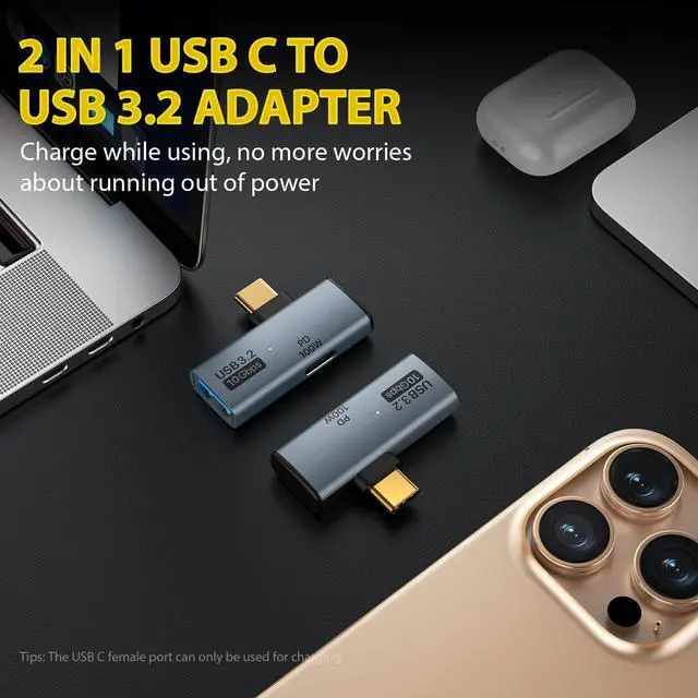 Alt view image 2 of 7 - 2 in 1 USB C to USB 3.2 Adapter with 100W Charging Port USB C Male to USB Female Adapter OTG Converter for iPhone 16/15 Series MacBook iPad and More Type C Devices Grey