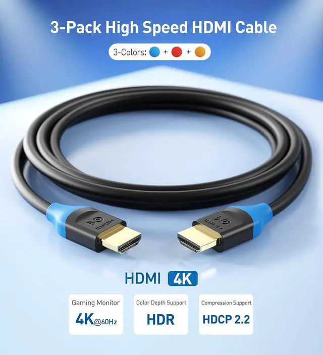 Alt view image 2 of 7 - 3-Pack High Speed HDMI Cable 1 ft with 4K @60Hz 2K @144Hz FreeSync G-SYNC and HDR Support for Gaming Monitor PC  TV and More