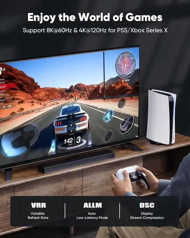 Alt view image 3 of 7 - Capshi 30ft 8K 4K@120Hz HDMI Cable 2.1, 48Gbps High Speed Cord for PS5/4, TV, Gaming Console, Monitor, 8K@60Hz, 2K@240Hz, 144Hz, Support HDR, eARC, DTS:X, HDCP 2.2 & 2.3, Braided, Grey