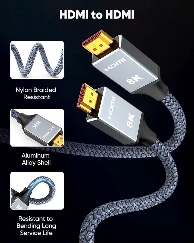 Alt view image 7 of 7 - Capshi 30ft 8K 4K@120Hz HDMI Cable 2.1, 48Gbps High Speed Cord for PS5/4, TV, Gaming Console, Monitor, 8K@60Hz, 2K@240Hz, 144Hz, Support HDR, eARC, DTS:X, HDCP 2.2 & 2.3, Braided, Grey