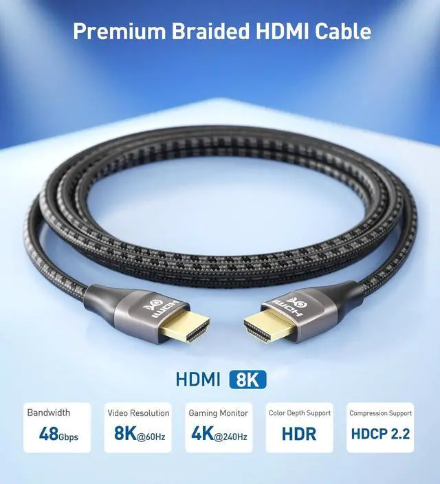 Alt view image 2 of 7 - Premium Braided 48Gbps Ultra HD 8K HDMI Cable 6.6 ft / 2m with 8K@60Hz 4K@240Hz and HDR Support for PS5 Xbox Series X/S RTX3080 / 3090 RX 6800/6900  TV and More in Black