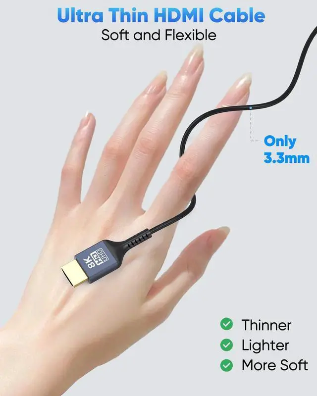 Alt view image 3 of 7 - 8K Thin HDMI Cable 1FT 2-Pack 48Gbps Ultra Slim HDMI Cable Flexible Short HDMI Cord 1 Foot (8K@60Hz 4K@120Hz eARC HDR10+ HDCP 2.3) High Speed for HDMI Switch/Camera/Blu-ray/ TV/Monitor
