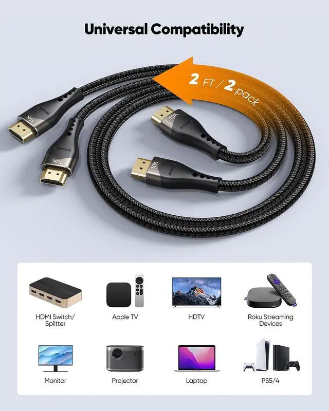 Alt view image 6 of 7 - Short HDMI Cable 2FT 2-Pack 10K 8K 4K HDMI 2.1 Cable 2 Foot 48Gbps Ultra High Speed Braided HDMI Cord 8K@60Hz 4K@120Hz eARC HDR10+ HDCP2.3 for Monitor/HDMI Switch/Camera/TV Box/HDTV