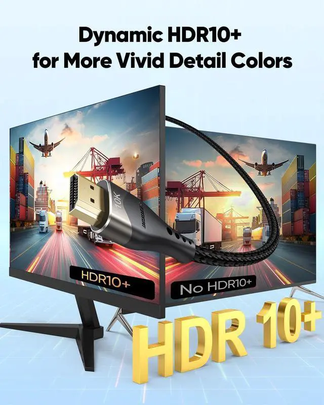 Alt view image 3 of 7 - 10K 8K HDMI 2.1 Cable 10FT HDMI Cord 10 Foot Ultra High Speed HDMI to HDMI Cable (48Gbps 8K@60Hz 4K@144Hz/120Hz) HDCP 2.2&2.3 DTS:X 3D eARC HDR10 for PS5  TV Monitor Projector