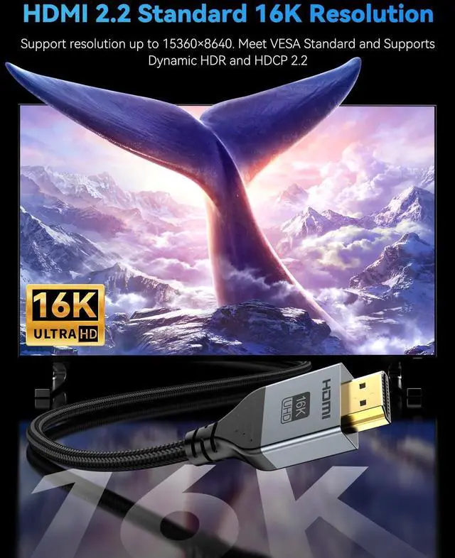 Alt view image 2 of 6 - 16K 8K HDMI Cable 96Gbps 6.6 FT Ultra High Speed HDMI 2.2 Cable 16K@60Hz 8K@120Hz 4K@480Hz HDCP 2.2&2.3 Dynamic HDR eARC DTS:X Compatible with  TV/HDTV/PS5/Blu-ray/Projector