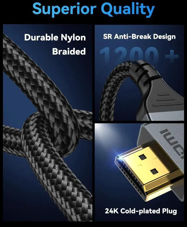 Alt view image 6 of 6 - 16K 8K HDMI Cable 96Gbps 6.6 FT Ultra High Speed HDMI 2.2 Cable 16K@60Hz 8K@120Hz 4K@480Hz HDCP 2.2&2.3 Dynamic HDR eARC DTS:X Compatible with  TV/HDTV/PS5/Blu-ray/Projector