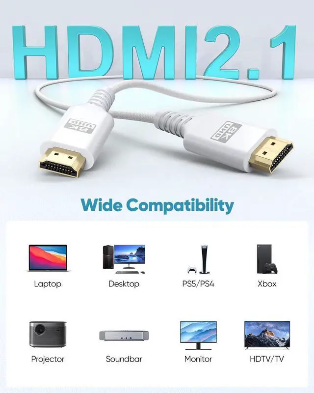 Alt view image 7 of 7 - 8K White HDMI Cable 6.6FT/2M 48Gbps Ultra High Speed HDMI 2.1 Cable eARC Braided HDMI Cord with 8K@60Hz 4K@120Hz HDR10+ Dolby 3D HDCP2.3 for Laptop/Monitor/HDTV/Soundbar/Blu-ray/PS5/Xbox
