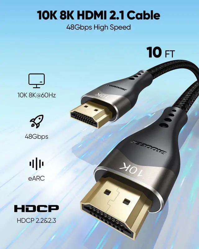 Alt view image 2 of 7 - 10K 8K HDMI 2.1 Cable 10FT HDMI Cord 10 Foot Ultra High Speed HDMI to HDMI Cable (48Gbps 8K@60Hz 4K@144Hz/120Hz) HDCP 2.2&2.3 DTS:X 3D eARC HDR10 for PS5  TV Monitor Projector