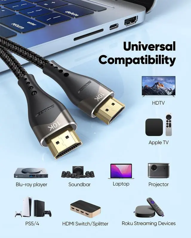 Alt view image 6 of 7 - 10K 8K HDMI 2.1 Cable 10FT HDMI Cord 10 Foot Ultra High Speed HDMI to HDMI Cable (48Gbps 8K@60Hz 4K@144Hz/120Hz) HDCP 2.2&2.3 DTS:X 3D eARC HDR10 for PS5  TV Monitor Projector