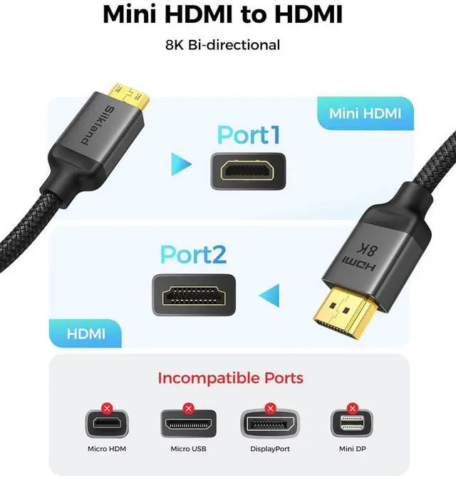 Alt view image 2 of 7 - 8K 4K Mini HDMI to HDMI Cable 6.6FT Mini HDMI 2.1 Cord [8K 60Hz 4K@240Hz 144Hz 120Hz Upgrade Braided] 48Gbps Compatible with Camera Camcorder Laptop Tablet Monitor Raspberry Pi Zero