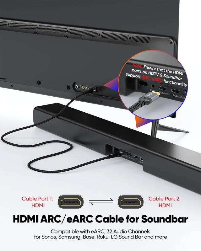 Alt view image 2 of 7 - 8K HDMI ARC/eARC Cable for Soundbar to TV 3.3FT eARC HDMI Cable 2.1 48Gbps Ultra High Speed HDMI Cord Dolby Atmos 8K@60Hz 4K@120Hz HDR 3D HDCP2.3&2.3 for Vizio Sono   Sound bar
