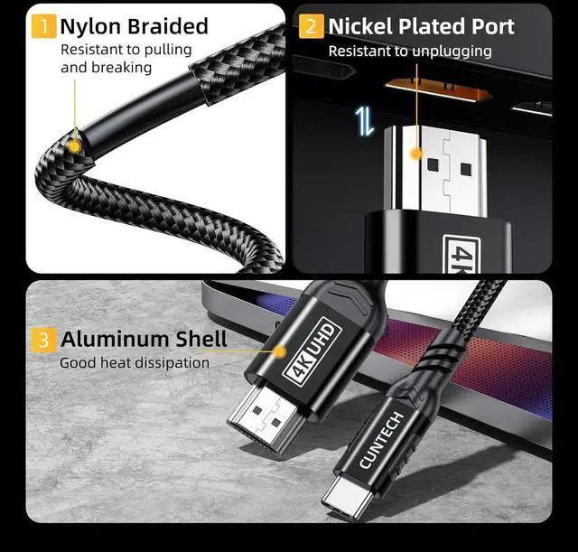 Alt view image 3 of 7 - 4K@60Hz USB C to HDMI Cable 6.6FT [Thunderbolt 3/4 Compatible] for MacBook Pro/Air with iPhone 16 Pro/15 Pro/Max Surface  Galaxy USB Type C Laptop Tablet Cell Phone
