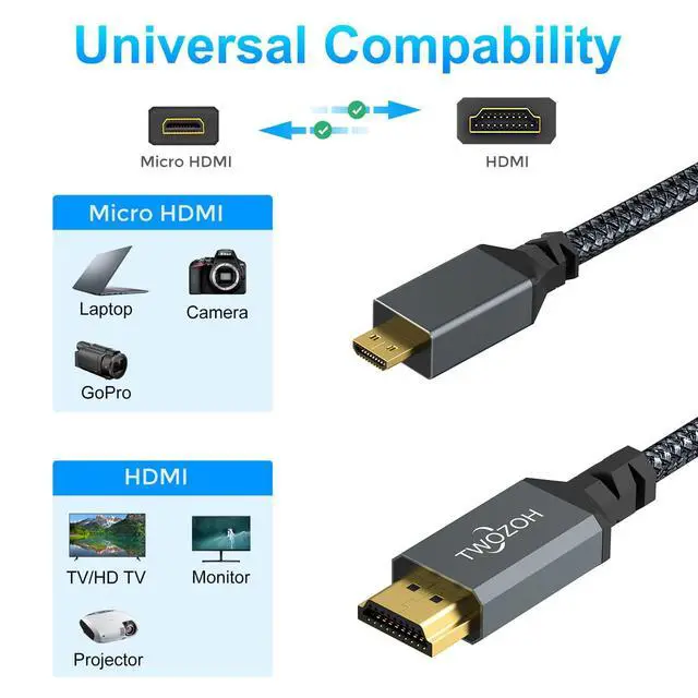 Alt view image 7 of 7 - 4K Micro HDMI to HDMI Cable 1FT Short High-Speed Full HDMI to Micro HDMI Braided Cord Support 3D 4K/60Hz 1080p