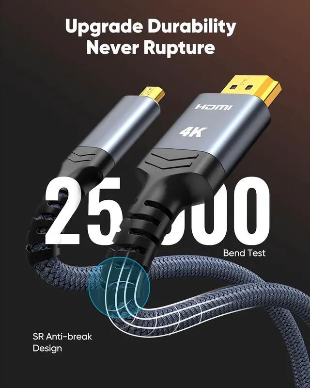 Alt view image 5 of 7 - 4K Micro HDMI to HDMI Cable 10 FT 4K@60Hz Micro HDMI Cord HDR Compatible for DSLR Camera Raspberry Pi GoPro Hero to TV Laptop Computer Monitor for Video Audio Image Streaming