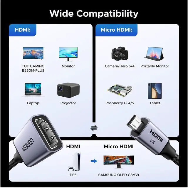 Alt view image 3 of 7 - Micro HDMI to HDMI Adapter 10K 8K@60Hz/4K@240Hz Micro HDMI Male Female Bidirectional Cable 2.1 HDR 3D Dolby VRR 48Gbps Compatible with Raspberry Pi 5/Pi 4/Camera/Portable Monitor 0.8FT