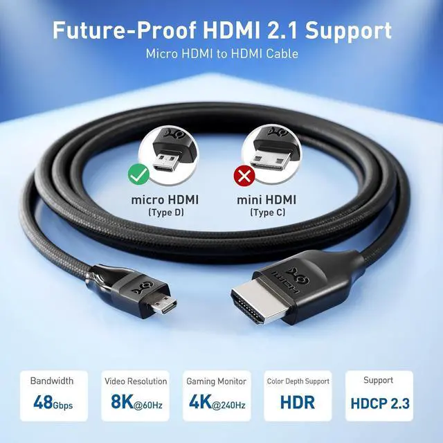 Alt view image 2 of 6 - 48Gbps 8K Micro HDMI to HDMI 2.1 Cable - 6.6ft Supports 8K@60Hz / 4K@240Hz with HDR MicroHDMI Cable Works with Digital Camera GoPro Raspberry Pi 5 / Pi 4 Tablet and Laptop