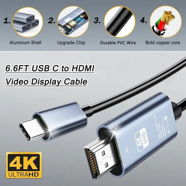 Alt view image 2 of 7 - 6.6FT HDMI Cable Adapter for iPhone 15 to HDTV 4K USB C to HDMI Video Cable Thunderbolt 3 & 4 Compatible for iPhone 15/16 Series MacBook Pro/Air iPad Pro Surface Book 2 Galaxy S23 and More