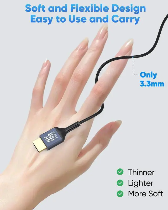 Alt view image 3 of 7 - Ultra Thin HDMI Cable 2FT 8K Short HDMI 2.1 Cable 2 Foot Flexible Slim HDMI Cord 48Gbps High Speed 8K@60Hz 4K@120Hz 2K@240Hz 1080P HDR eARC for HDTV Monitor Camera HDMI Switch