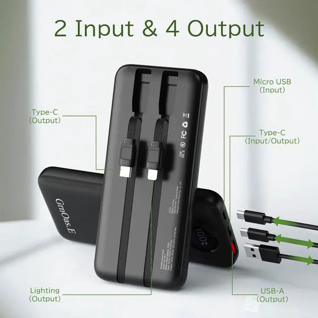 Alt view image 2 of 7 - Power Bank 10000mAh 22.5W Max Portable Charger Built in Cables4 Outputs 2 Inputs External Phone Powerbank 5V/3A Fast Charging Travel Charger for iPhone Android iPad (Pearl Black)