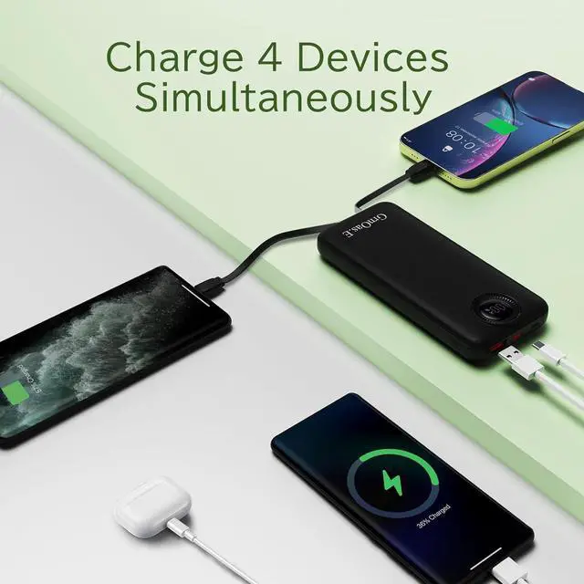 Alt view image 3 of 7 - Power Bank 10000mAh 22.5W Max Portable Charger Built in Cables4 Outputs 2 Inputs External Phone Powerbank 5V/3A Fast Charging Travel Charger for iPhone Android iPad (Pearl Black)