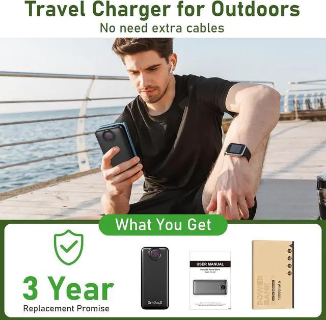 Alt view image 7 of 7 - Power Bank 10000mAh 22.5W Max Portable Charger Built in Cables4 Outputs 2 Inputs External Phone Powerbank 5V/3A Fast Charging Travel Charger for iPhone Android iPad (Pearl Black)
