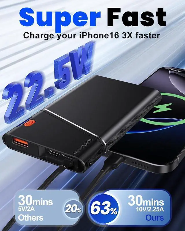 Alt view image 2 of 7 - Portable Charger Power Bank 10000mAh 22.5W PD Super Fast Charging Powerbank with Built-in USB C in&Out Cable Slim External Phone Battery Pack for iPhone 16/15/14 iPad  S24 Android etc