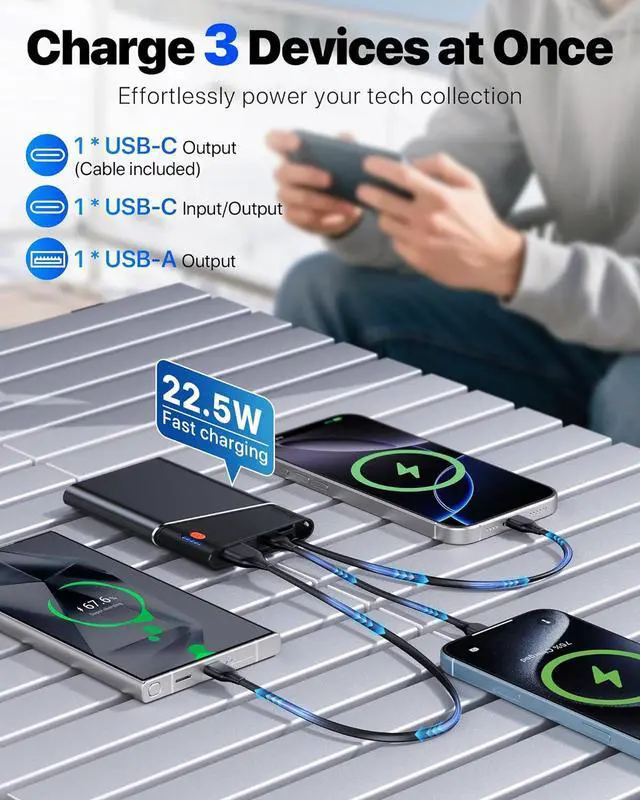 Alt view image 3 of 7 - Portable Charger Power Bank 10000mAh 22.5W PD Super Fast Charging Powerbank with Built-in USB C in&Out Cable Slim External Phone Battery Pack for iPhone 16/15/14 iPad  S24 Android etc