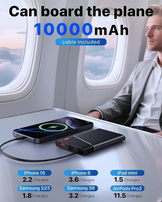 Alt view image 5 of 7 - Portable Charger Power Bank 10000mAh 22.5W PD Super Fast Charging Powerbank with Built-in USB C in&Out Cable Slim External Phone Battery Pack for iPhone 16/15/14 iPad  S24 Android etc