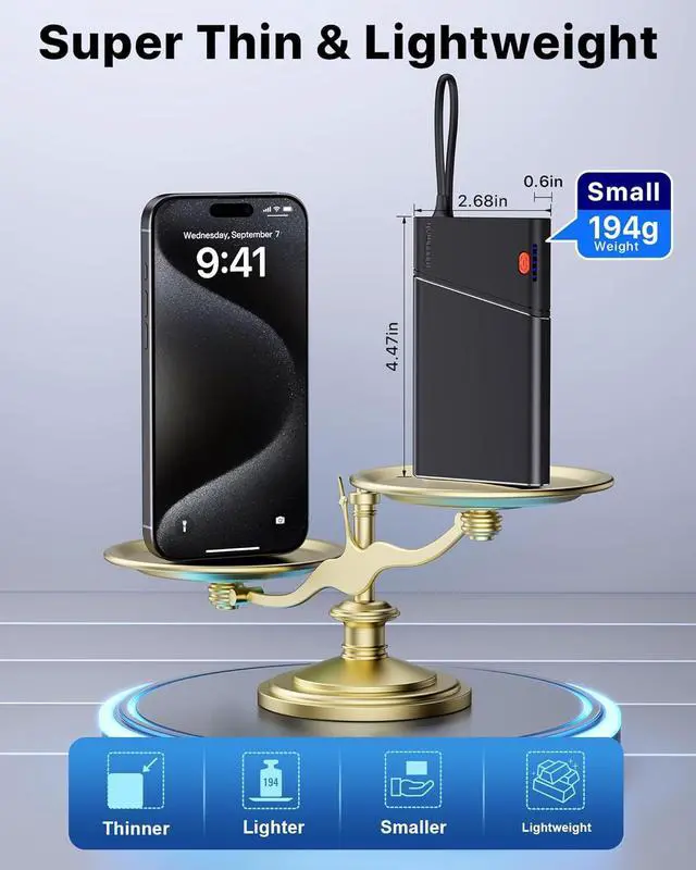 Alt view image 7 of 7 - Portable Charger Power Bank 10000mAh 22.5W PD Super Fast Charging Powerbank with Built-in USB C in&Out Cable Slim External Phone Battery Pack for iPhone 16/15/14 iPad  S24 Android etc