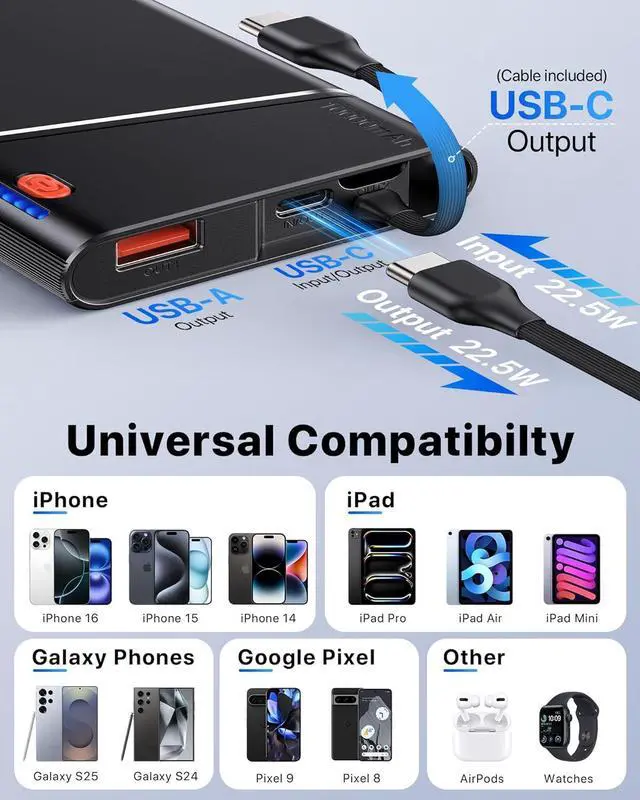 Alt view image 6 of 7 - Portable Charger Power Bank 10000mAh 22.5W PD Super Fast Charging Powerbank with Built-in USB C in&Out Cable Slim External Phone Battery Pack for iPhone 16/15/14 iPad  S24 Android etc