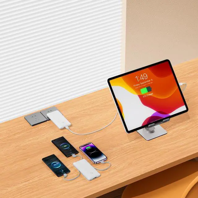 Alt view image 2 of 6 - 10000mAh Power Bank Slim Portable Charger 4 Output External Battery Pack with Built-in AC Wall Plug Micro USB C 3 Cables Compatible with iPhone  Android Phone Tablet and More