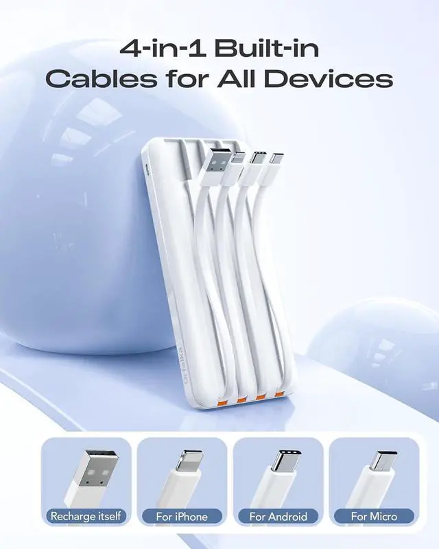 Alt view image 3 of 7 - 20000mAh Power Bank Fast Charging Portable Charger with 4 Built-in Cables & 6 Outputs 20W PD USB C Battery Pack Compatible with iPhone 16/15 Galaxy Android iPad & More (Travel Essential)