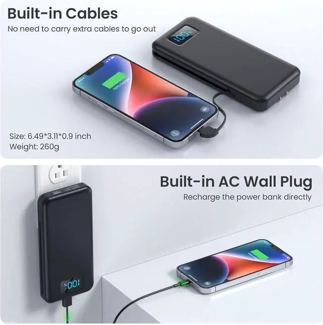 Alt view image 5 of 7 - Portable Charger with Built-in Cables & AC Wall Plug Upgraded 13800mAh USB-C Power Bank 4 Output LCD Display External Battery Pack Phone Charger Compatible with iPhone 16/15/14/13  Android etc
