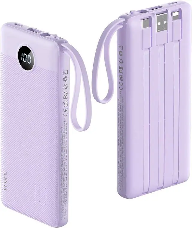 Main image of Portable Charger Power Bank 10000mAh Travel Essentials Battery Pack 5 Outputs 2 Inputs Slim Charging Bank Built-in Cables Cords Wires Compatible with iPhone  Android-Lavender(1 Pack)