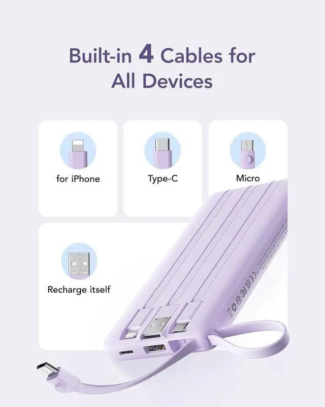 Alt view image 2 of 7 - Portable Charger Power Bank 10000mAh Travel Essentials Battery Pack 5 Outputs 2 Inputs Slim Charging Bank Built-in Cables Cords Wires Compatible with iPhone  Android-Lavender(1 Pack)