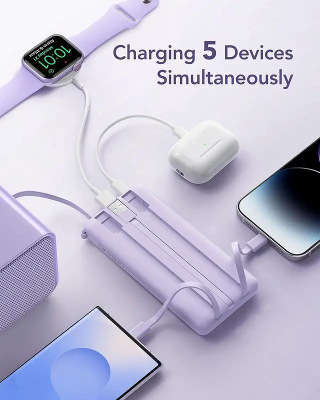 Alt view image 3 of 7 - Portable Charger Power Bank 10000mAh Travel Essentials Battery Pack 5 Outputs 2 Inputs Slim Charging Bank Built-in Cables Cords Wires Compatible with iPhone  Android-Lavender(1 Pack)