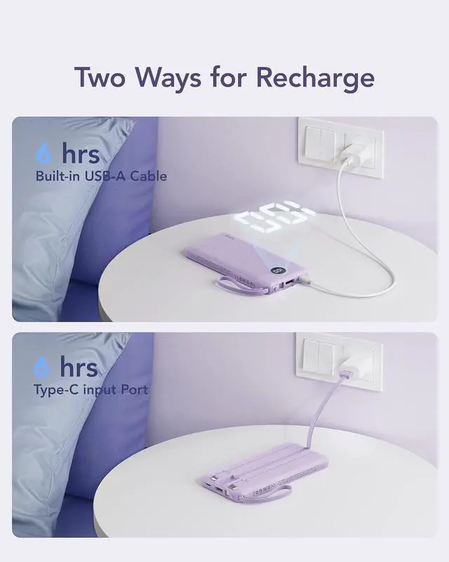 Alt view image 6 of 7 - Portable Charger Power Bank 10000mAh Travel Essentials Battery Pack 5 Outputs 2 Inputs Slim Charging Bank Built-in Cables Cords Wires Compatible with iPhone  Android-Lavender(1 Pack)