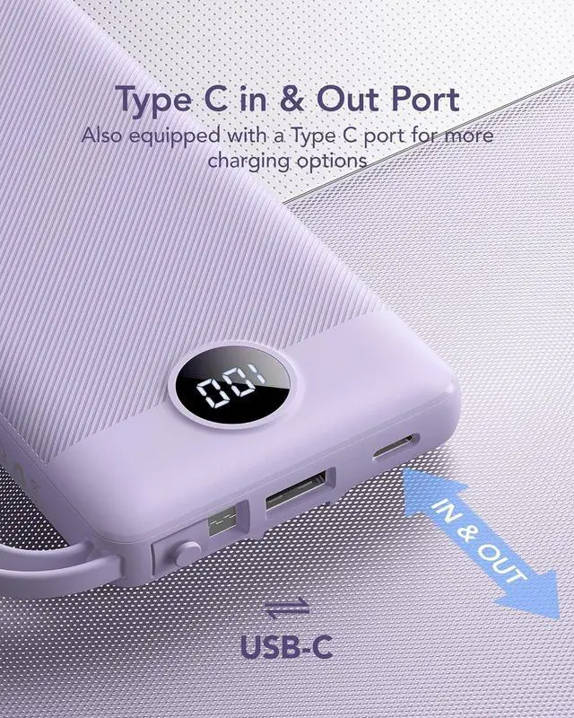 Alt view image 4 of 7 - Portable Charger Power Bank 10000mAh Travel Essentials Battery Pack 5 Outputs 2 Inputs Slim Charging Bank Built-in Cables Cords Wires Compatible with iPhone  Android-Lavender(1 Pack)